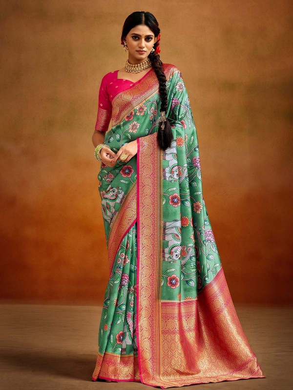 Aqua Green And Pink Soft Handloom Banarasi Silk Saree